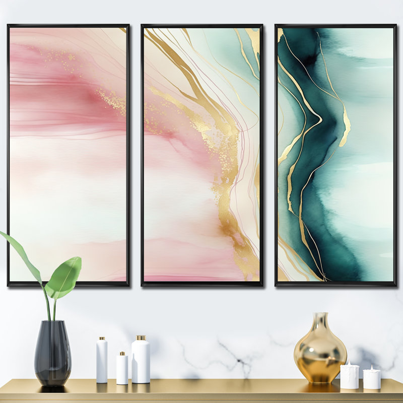 Géode abstraite rose et vert marbre II - ensemble d'art mural sur toile abstraite en marbre, H 28 po x l 36 po x P 1 po