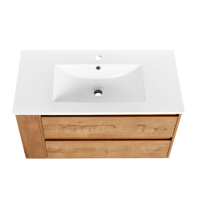 Meuble-lavabo mural 36 po avec lavabo en céramique, Imitation chêne