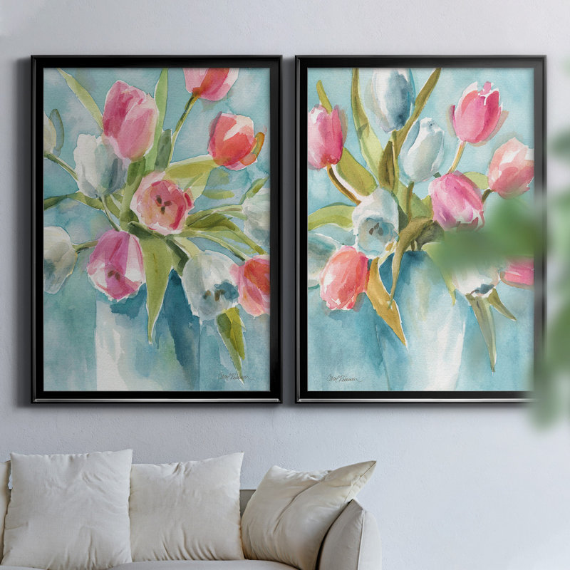 «Today's Tulips I», ensemble de 2 reproductions d'art, H 30,5 po x l 42,5 po x P 3 po, Toile avec cadre noir, Pas de tapis