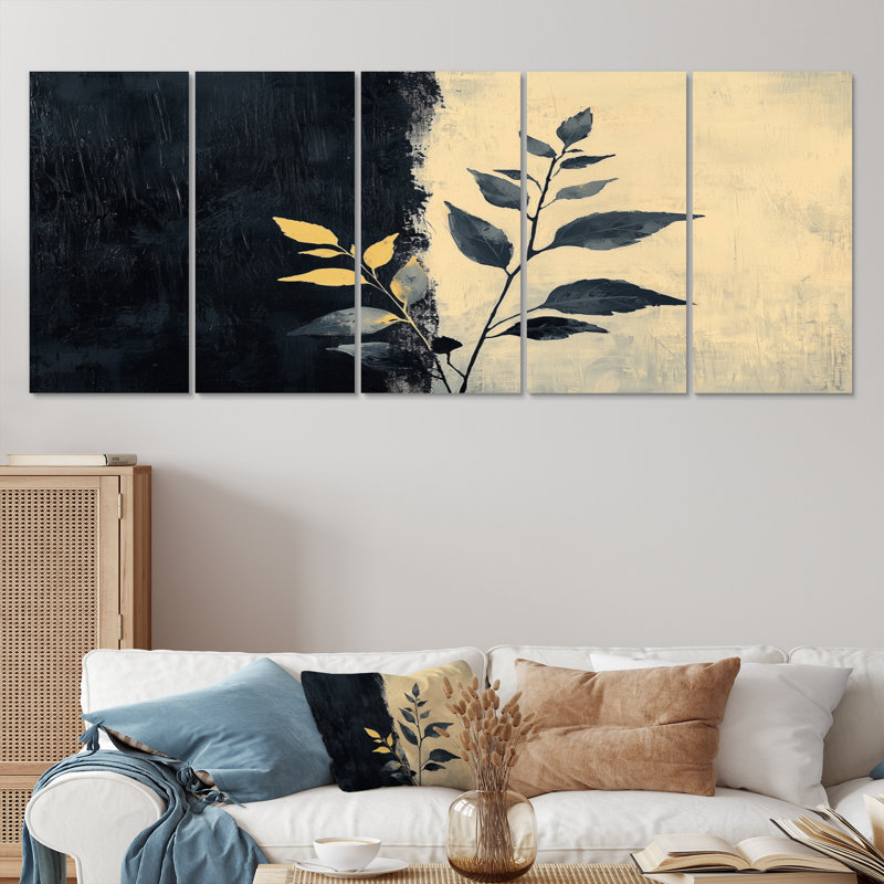 «Black and Beige Herbs Elegance», ensemble d'art mural herbes florales, H 32 po x l 80 po