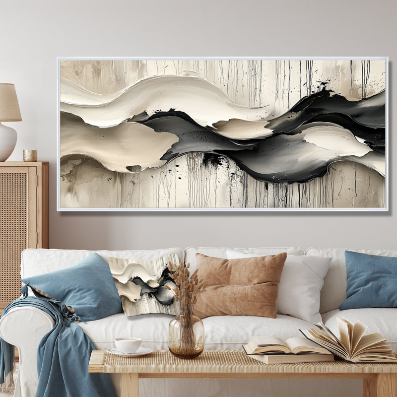 Gris sur fond blanc l'encre rythmique de la rivière Ink II - vagues modernes abstraites, H 28 po x l 60 po