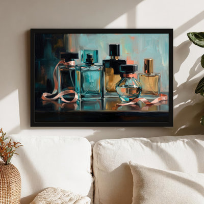 Art mural sur toile noir encadré pour le salon, la chambre à coucher, le bureau ou le vestibule - Décoration murale décorative avec bouteilles de parfum
