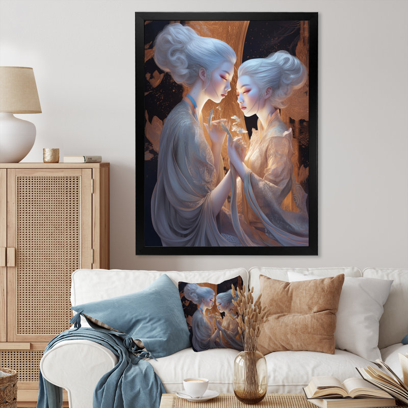 «Ethereal White Goddesses tenant par la main», reproduction sur toile, H 44 po x l 34 po x P 1,5 po, Cadre photo noir