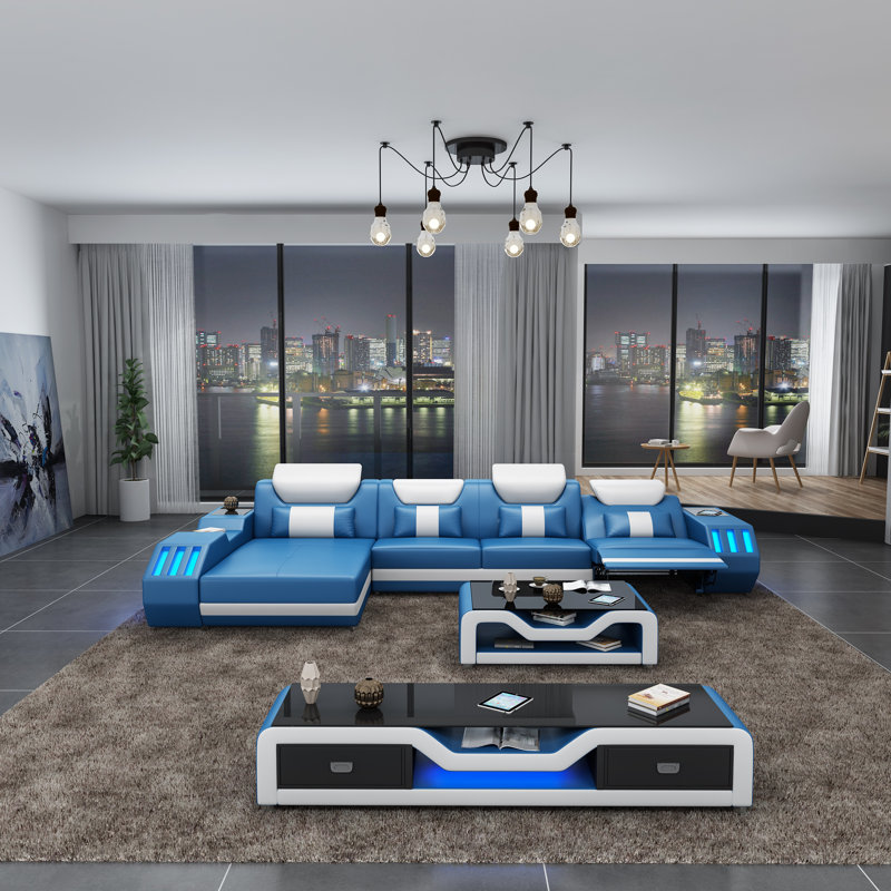 Starfighter Sectional, Left Hand Facing, Blue/White Genuine Leather