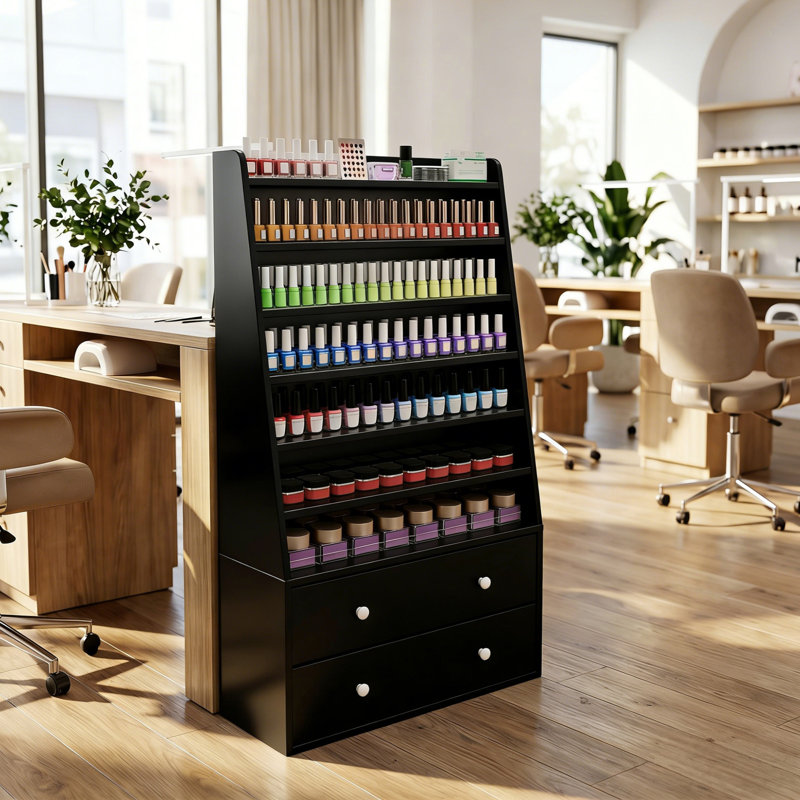 Présentoir à vernis à ongles, tablette à 7 niveaux et 2 tiroirs, tablette autoportante avec chicane en acrylique, Noir