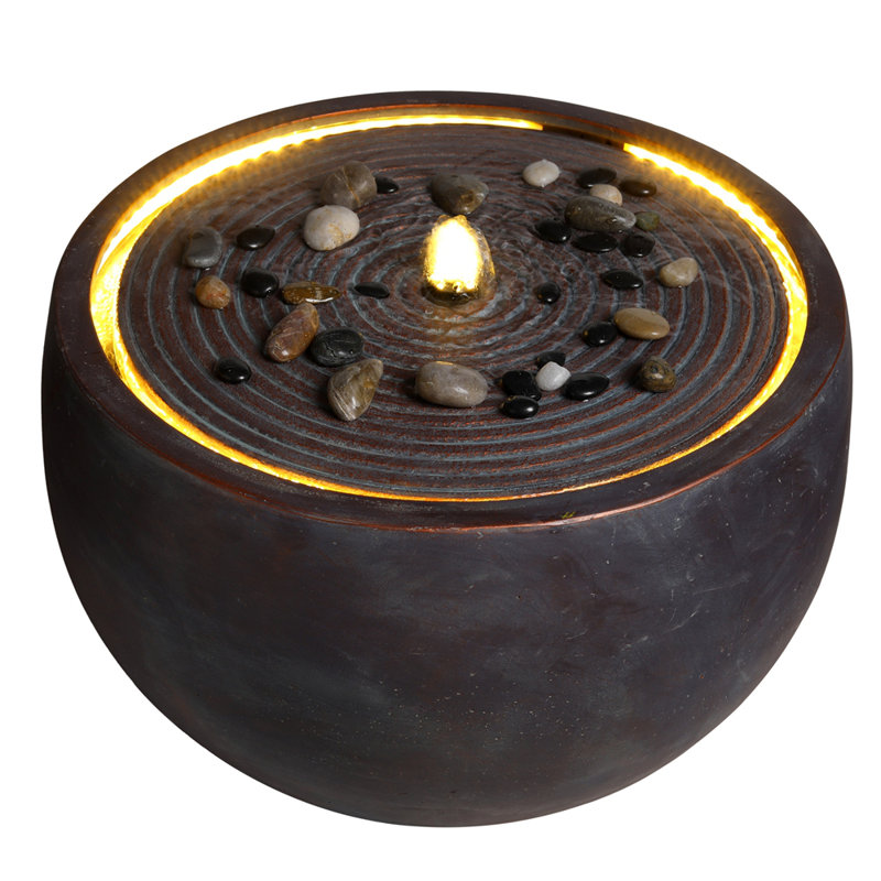Fontaine d'eau extérieure moderne en forme de bol avec plateau ondulé en résine pour patio, Antique Bronze