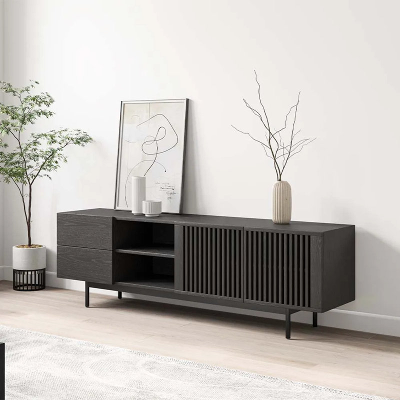 Meuble télé Mid-Century moderne pré-assemblé, Noir, H 21,65 po x L 70,87 po x l 15,75 po