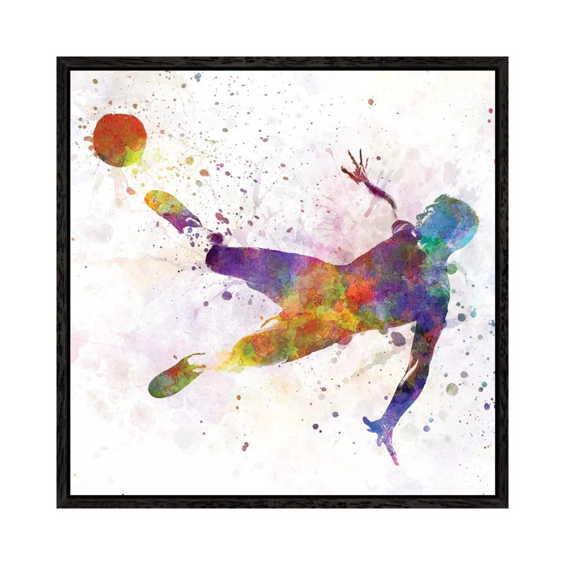 Man Soccer Football Player Flying Kicking V by Paul Rommer - Painting on Canvas, 93.98 cm H x 93.98 cm W, Black Framed