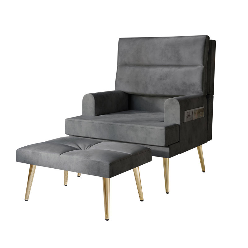 Fauteuil et repose-pieds Laureat, Velours gris clair