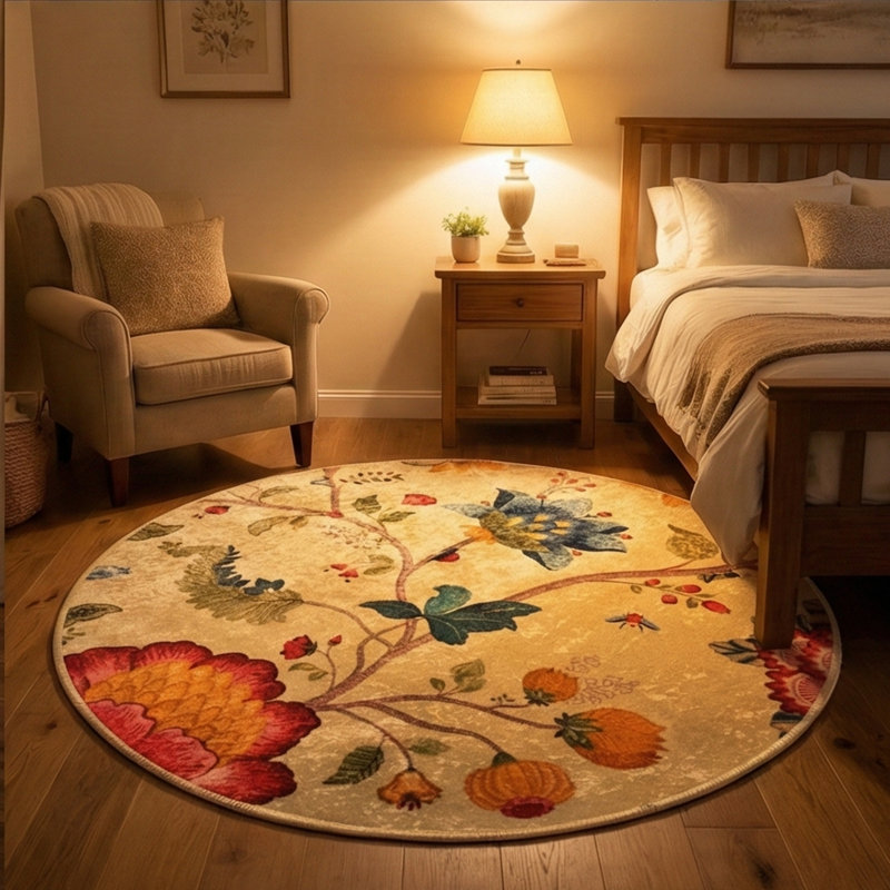 Tapis floral rétro antidérapant Botanical Bloom, Rond 4 pi 7,1 po x 4 pi 7,1 po