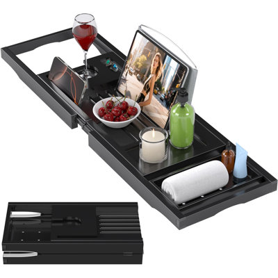 Plateau de baignoire pliable en bambou noir,