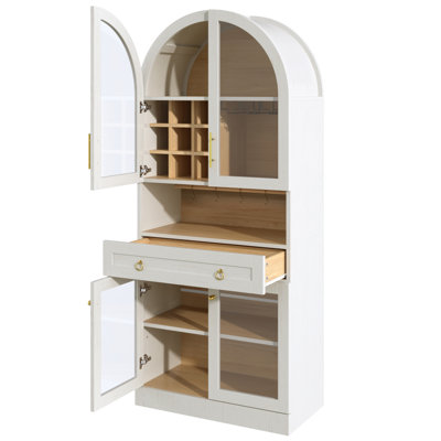 Armoire de bar 70 po de hauteur, armoire à café de style Mid-Century avec tablette réglable et 5 crochets, 9 porte-bouteilles, 3 porte-verres, portes en verre trempé, armoire à vin avec grand tiroir