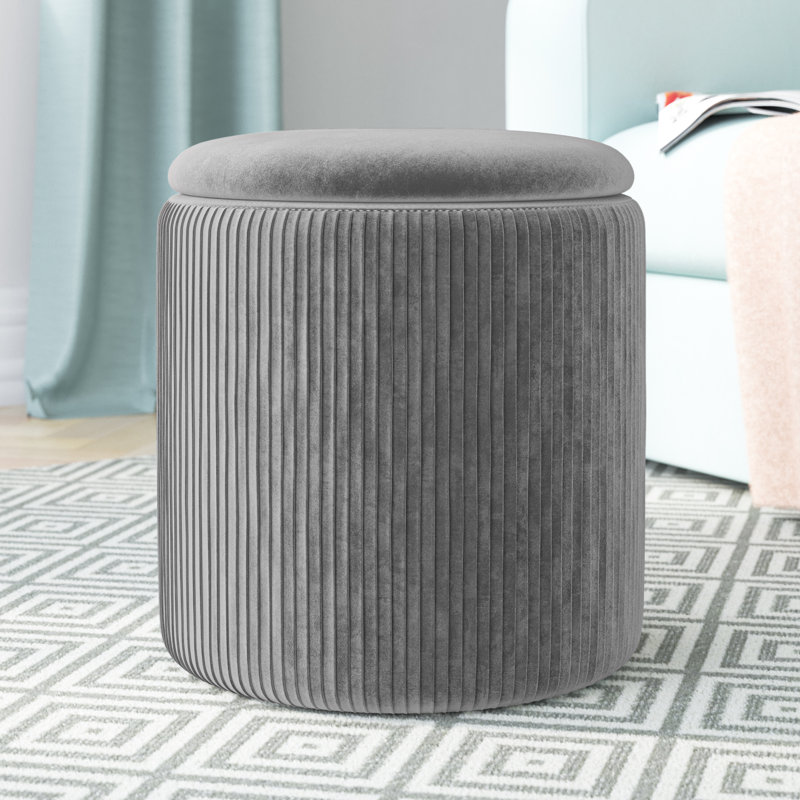 Maegan 38cm Wide Velvet Round No Pattern Ottoman with Storage, Grey
