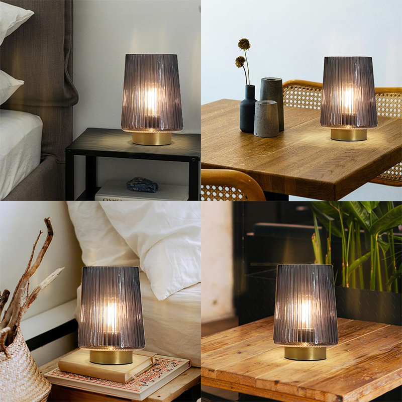 Gray Glass Cordless Battery Operated Table Lamp with Timer