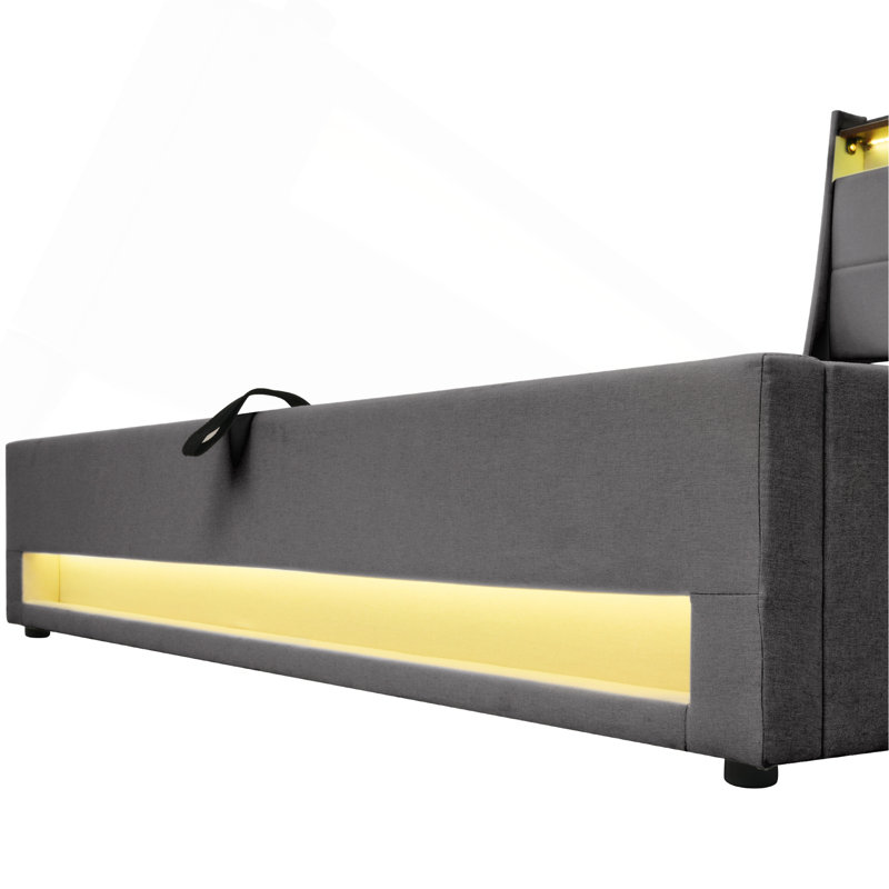 Lit plateforme tapissier avec système de rangement hydraulique, chargement DEL et USB (sans matelas), Gris, Lit double