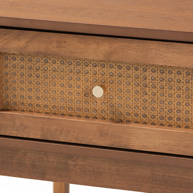 Ramiel Ash Walnut Wood and Rattan 1-Drawer Nightstand