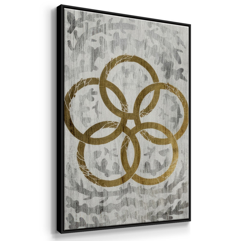 Cinq anneaux d'or - feuille d'or des Fêtes, Cadre noir, H 41 po x l 27 po x P 1,5 po