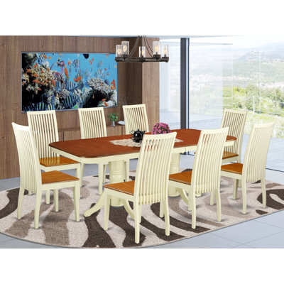 Ensemble de table de salle à manger 9 pièces moderne comprenant une table rectangulaire en bois avec feuille papillon et 8 chaises de cuisine, babeurre et cerise