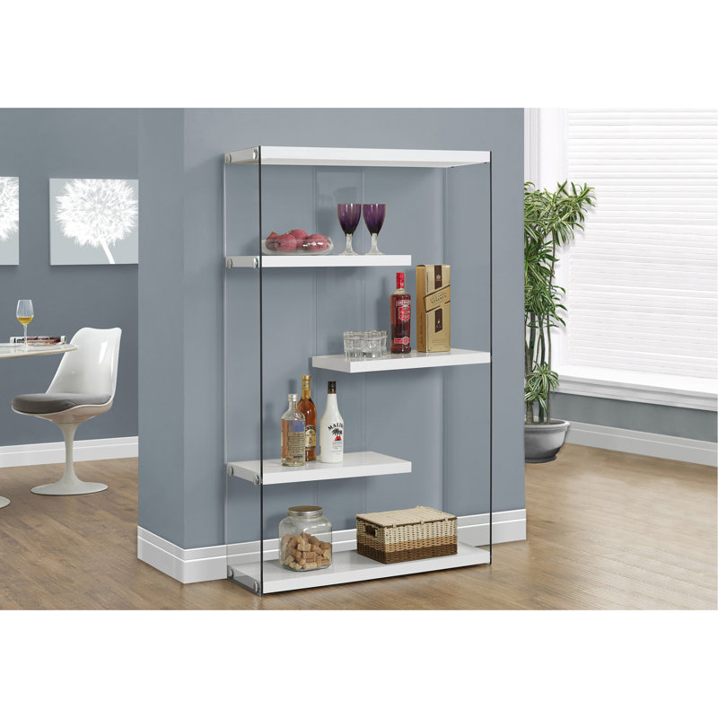 Bibliothèque moderne à 5 niveaux H 60 ", stratifié blanc brillant et verre trempé transparent, convenant à la finition de bureau et de chambre à coucher avec design