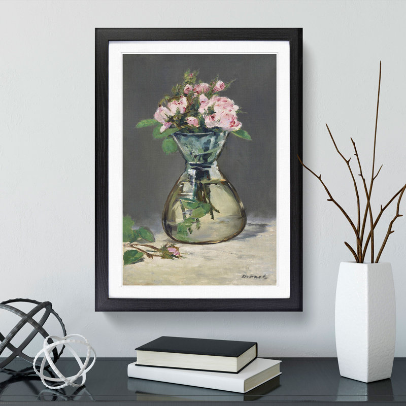 Moss Roses in a Vase by Edouard Manet - Picture Frame Graphic Art, 65cm H x 48cm W x 2cm D, Black Framed