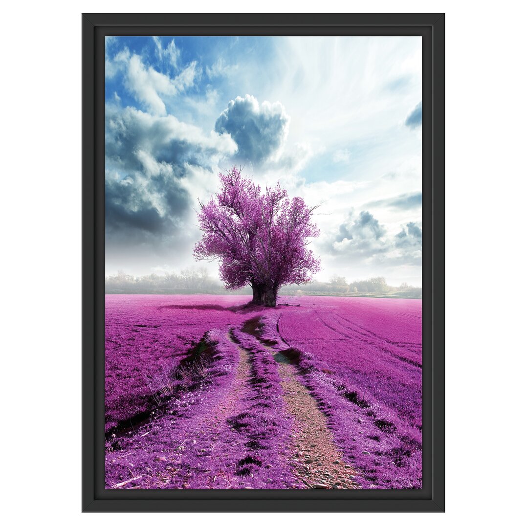 Gerahmtes Wandbild Pinkes Feld mit pinkem Baum