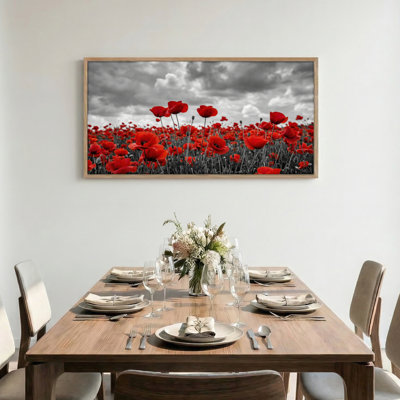 Red Poppies Canvas Framed Wall Art Oil Painting Print Set Of 1，48 x 24 inch