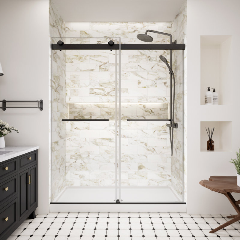 Porte de douche sans cadre de 56 à 60 po x H 74 po avec verre trempé anti-déflagrant de 5/16 po (8 mm), porte de douche coulissante double avec fermeture en douceur, noir mat 