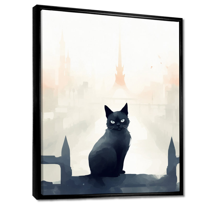 Chat urbain noir - salon d'art mural, H 20 po x l 12 po x P 1 po, Toile avec cadre noir