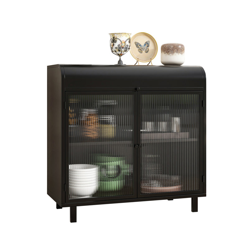 Buffet moderne avec portes en verre trempé figuré, dessus rabattable, tablettes intérieures, console de rangement à cadre en métal pour la salle à manger, la cuisine, le salon et le vestibule (noir)