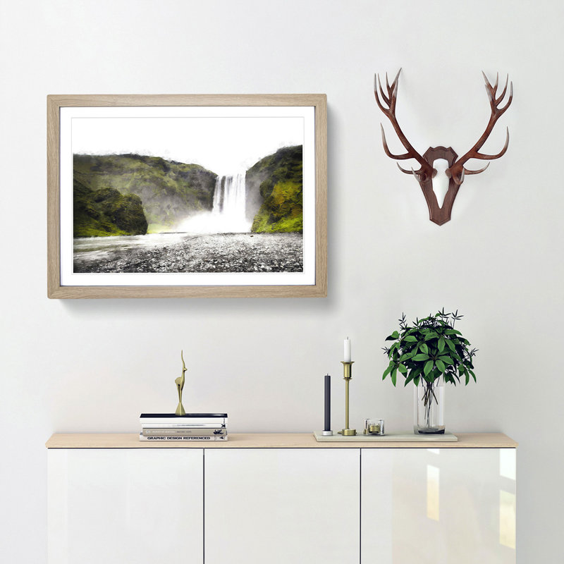 Waterfall in Selfoss Iceland - Picture Frame Painting Print, 62cm H x 87cm W x 2cm D, Oak Framed