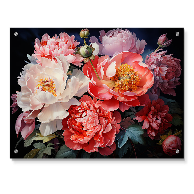 «China Art Peony Bouquet», art mural acrylique sur porcelaine, H 12 po x l 20 po