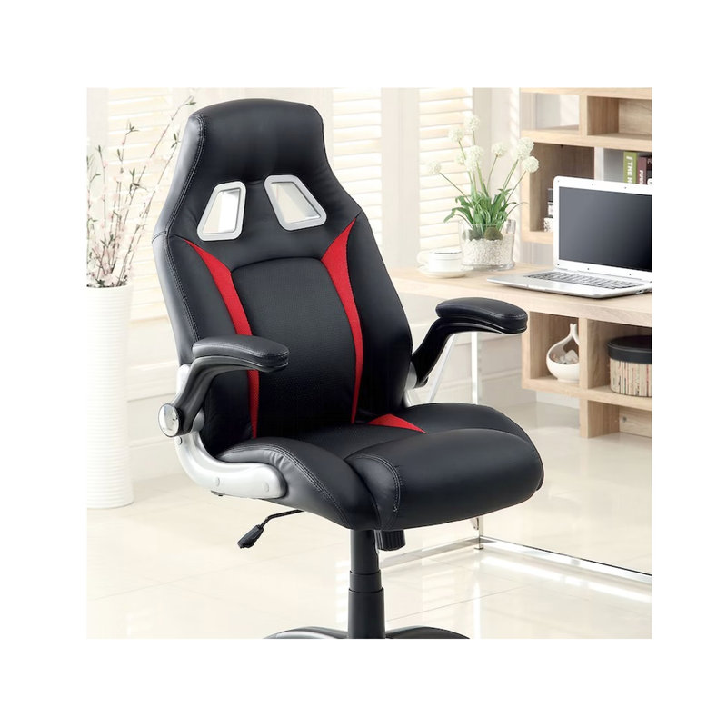 Siège de bureau contemporain - cuir noir et rouge, contrôle de la hauteur, fauteuil de jeu confortable rembourré, rembourrage, base en métal, assise, dossier, hauteur réglable, accents argentés, roulettes