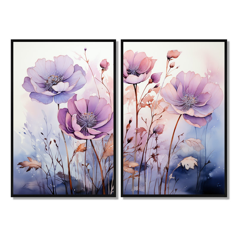 Mauve et fleurs mystiques II - art mural moderne 2 panneaux, H 36 po x l 48 po, Impression encadrée flottante, Noir