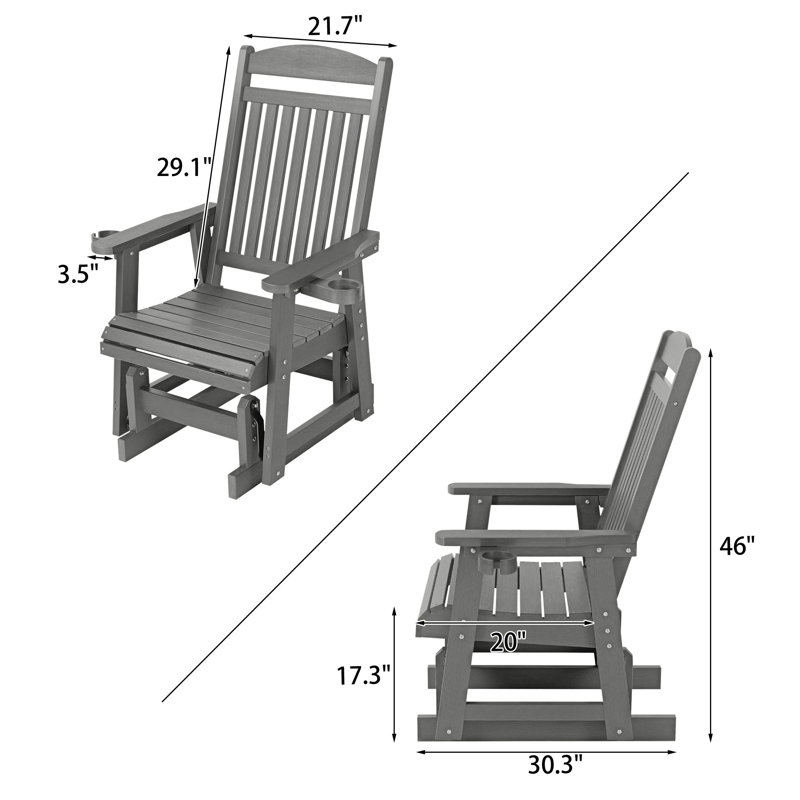 Poly Lumber Patio Glider with Removable Cup Holders, Dark Grey