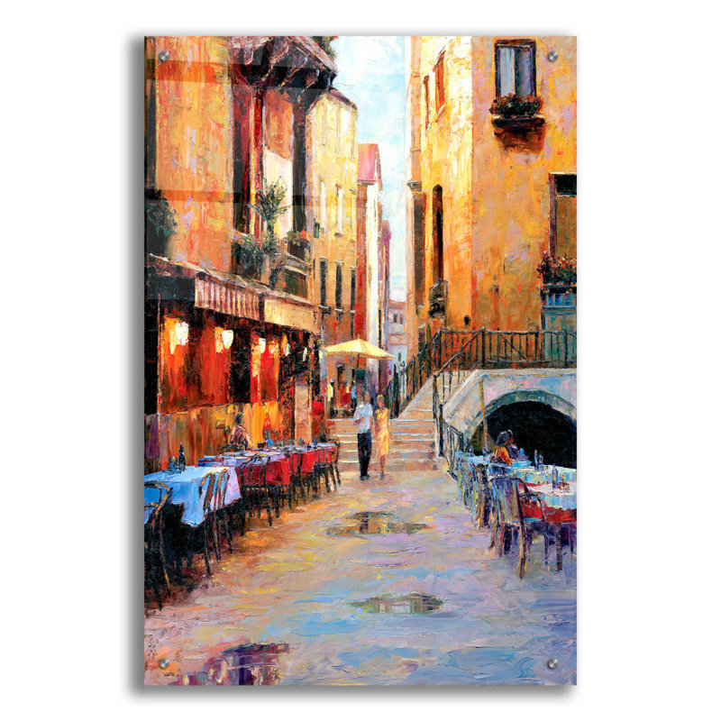 «Street Caf After Rain» par Haixia Liu - peinture sans cadre, H 36 po x l 24 po x P 0,2 po