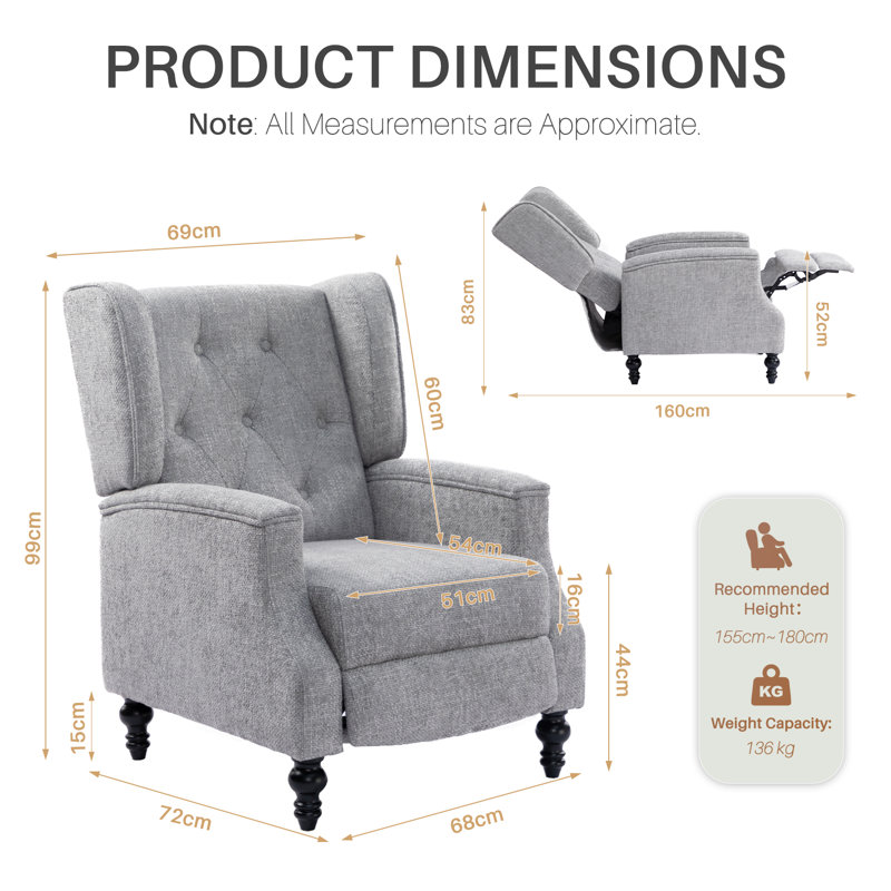 Manual Reclining Upholstered Wingback Armchair, Grey