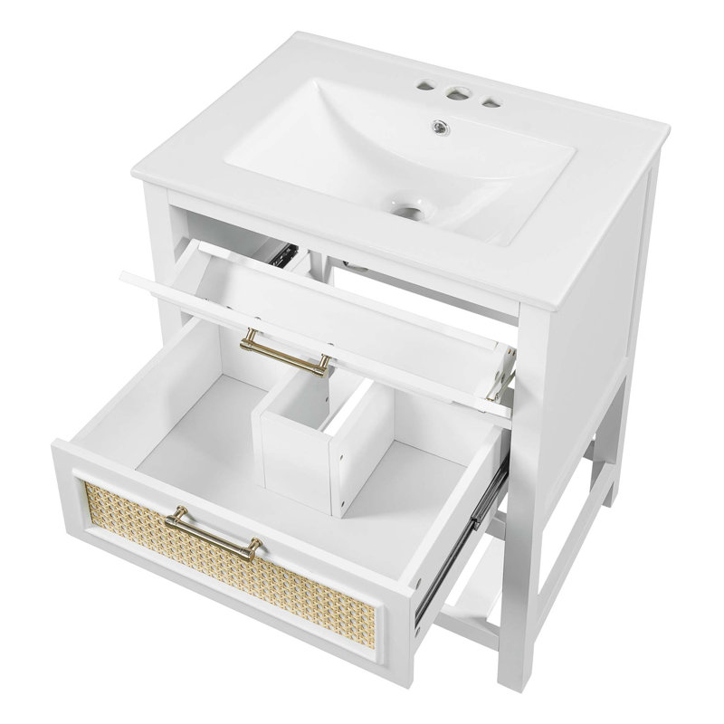 Meuble-lavabo moderne avec lavabo en céramique intégré et solutions de rangement intelligentes, Blanc