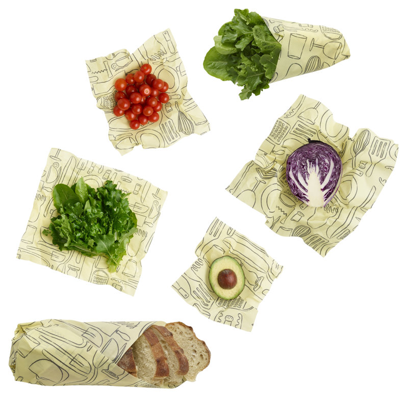 Ensemble de 6 emballages de rangement pour aliments réutilisables en cire d'abeille Mod Kitchen Print