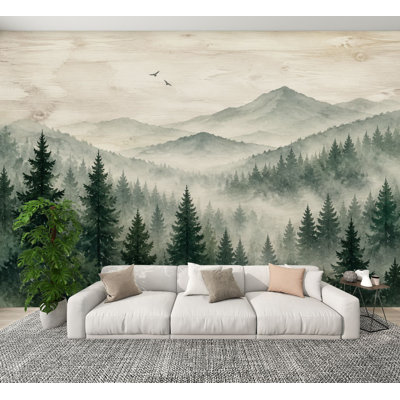 Papier peint adhésif auto-adhésif Peel and Stick Farmhouse Pine Tree Forest Rustic Wood Mountain Vintage Landscape