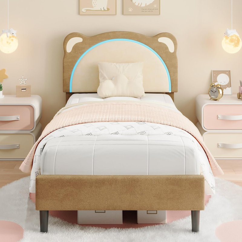 Lit plateforme simple pour enfant avec tête de lit ajustable et lumières DEL, conception tapissée d'ours, brun, Lit simple