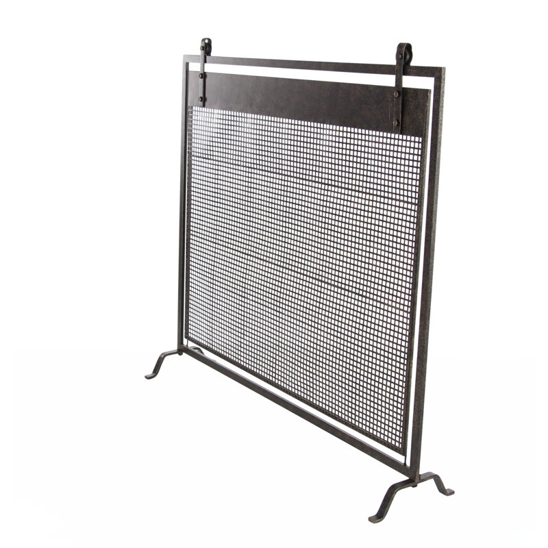 Metal Suspended Grid Single Panel Geometric Fireplace Screen with Bolted Detailing, Black