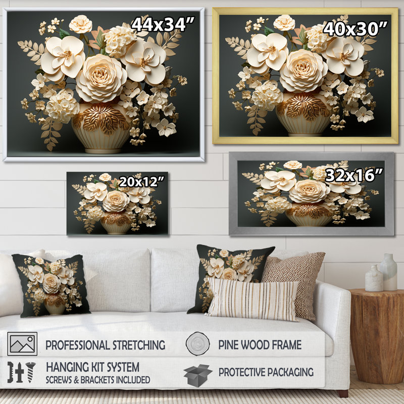 Hortensia baroque blanc et or VI sur toile, H 30 po x l 40 po x P 1,5 po, Toile tendue