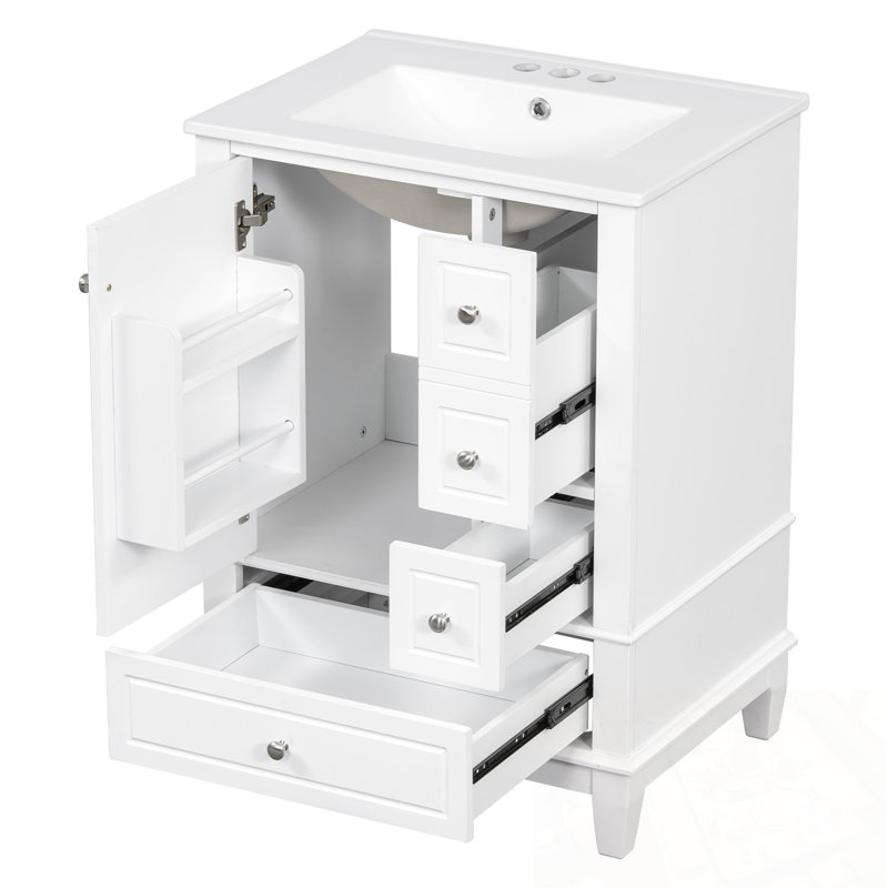 Meuble-lavabo de salle de bain avec lavabo, tiroirs et tablettes de rangement, Blanc