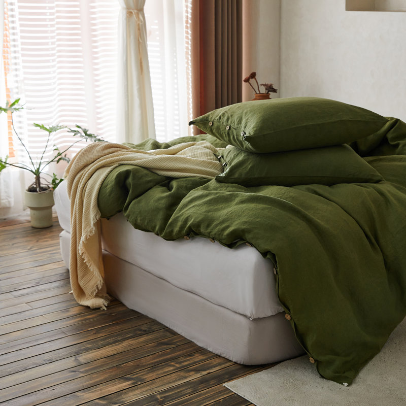 Duvet Cover Set-Button Loop, King Duvet Cover + 2 King Shams, Olive Green