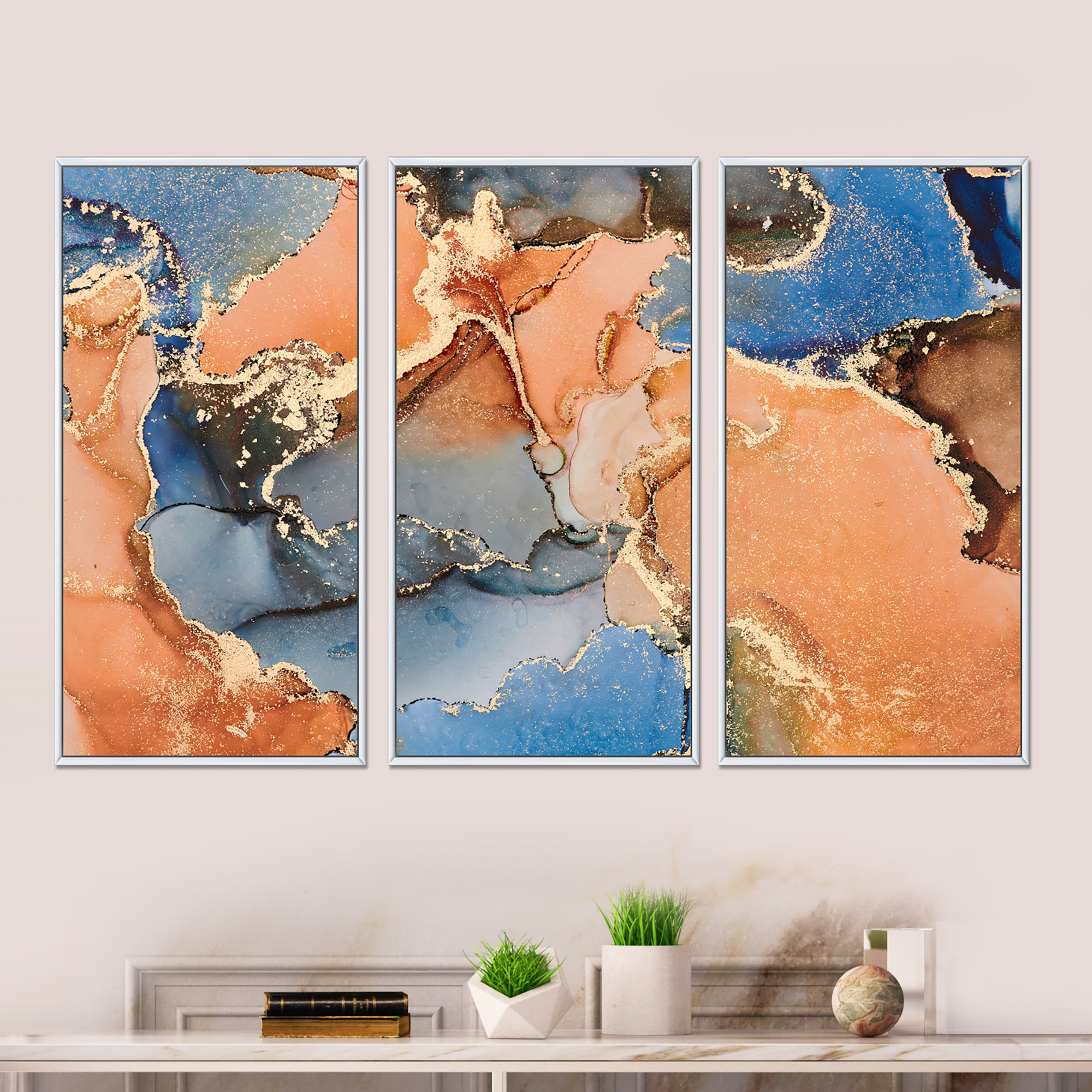 Everly Quinn Blue And Orange Luxury Abstract Fluid Art I Framed On Canvas 3  Pieces Painting