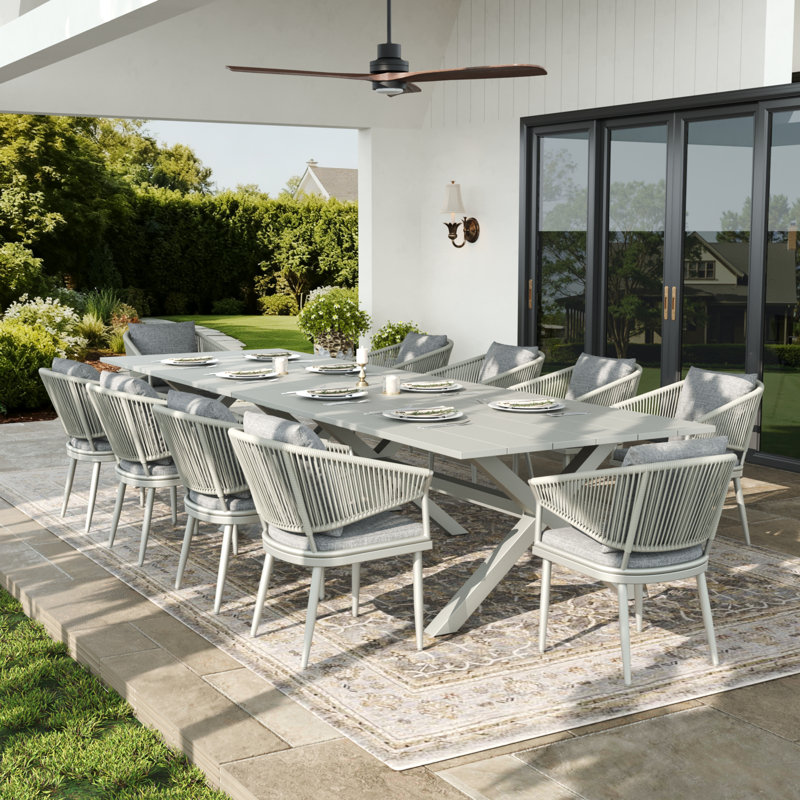 Rectangular Outdoor Dining Set With Cushions, 12 Pcs: 2 Tables, 10 Chairs, Light Grey Cushion/White Frame