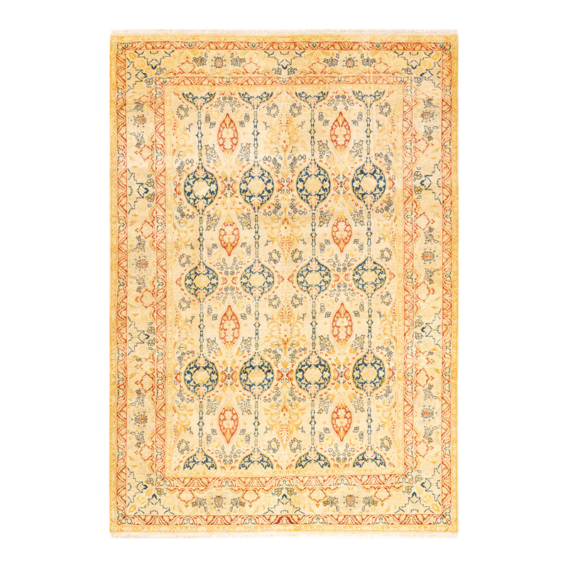Tapis unique noué à la main ivoire / orange / jaune / bleu Tyaun Mogul 6 pi 2 po x 8 pi 8 po
