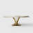 71" Modern Rectangular Sintered Stone Dining Table with Gold Stainless Steel Sculptural Base, Natural Vein Finish, Rounded Corners-1556311948