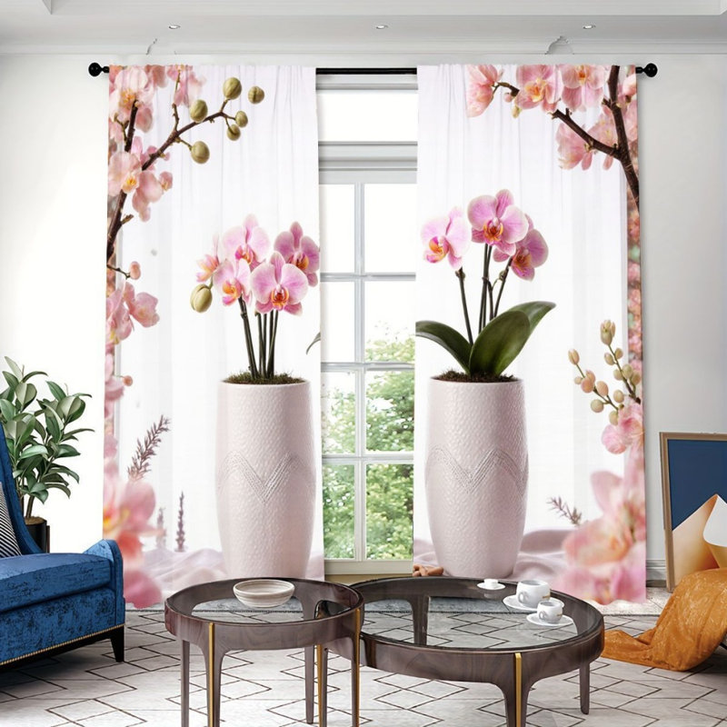 2 Panels Pink Orchid Blossom Branch Light Filtering Curtain, Floral Home Decor, Rod Pocket Easy Hang Design, All Season Window Drapes for Living Room Bedroom Study