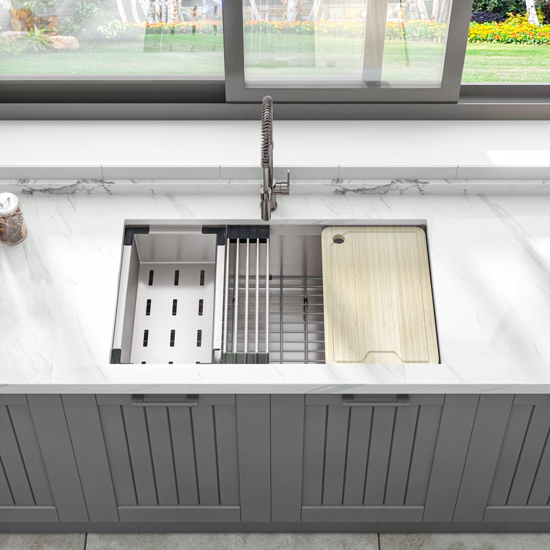 Sinber 32" Undermount Single Bowl Workstation Kitchen Sink with 304 Stainless Steel